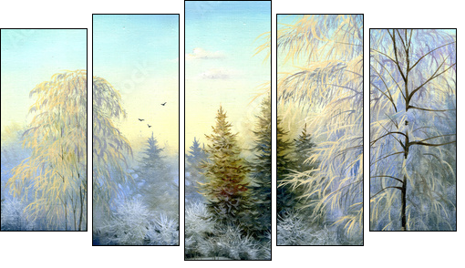beautiful winter landscape, canvas, oil - Fünfteiliges Leinwandbild, Pentaptychon