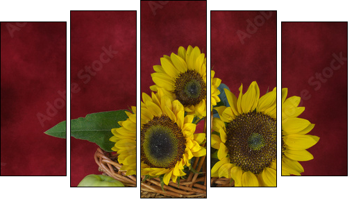 Still life with sunflowers and apples - Fünfteiliges Leinwandbild, Pentaptychon