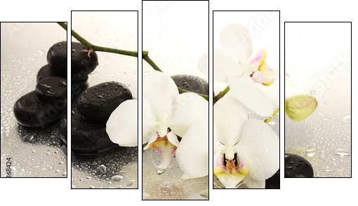 Spa stones and orchid flowers, isolated on white. - Fünfteiliges Leinwandbild, Pentaptychon