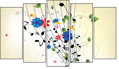 Floral musical background with notes - Fünfteiliges Leinwandbild, Pentaptychon
