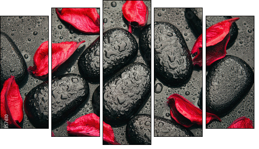 background spa. black stones and red petals with water droplets - Fünfteiliges Leinwandbild, Pentaptychon