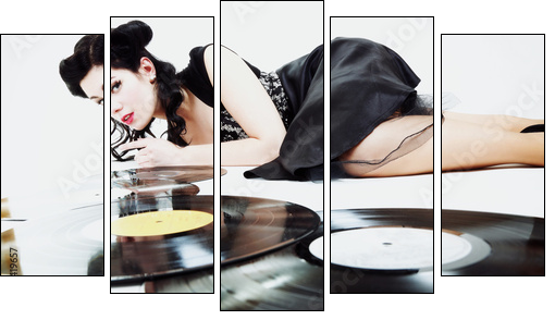 Sexy girl with phonography analogue record music lover - Fünfteiliges Leinwandbild, Pentaptychon