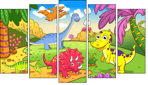 Cute dinosaurs in prehistoric scene - Fünfteiliges Leinwandbild, Pentaptychon