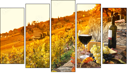 Glass of red wine on the terrace vineyard in Lavaux region, Swit - Fünfteiliges Leinwandbild, Pentaptychon