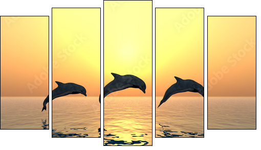 Jumping Dolphins - Fünfteiliges Leinwandbild, Pentaptychon