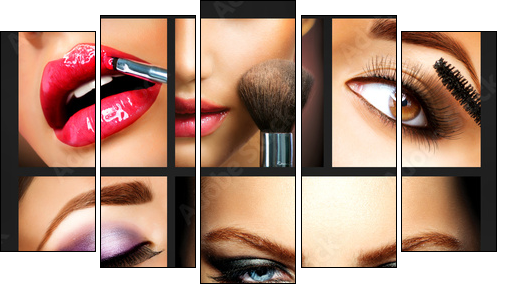 Makeup Collage. Professional Make-up Details. Makeover - Fünfteiliges Leinwandbild, Pentaptychon
