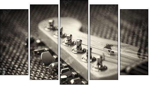 Electrical guitar headstock closeup. Sepia effect with vignette - Fünfteiliges Leinwandbild, Pentaptychon