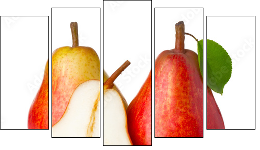 Ripe red pear fruits with green leaves isolated - Fünfteiliges Leinwandbild, Pentaptychon