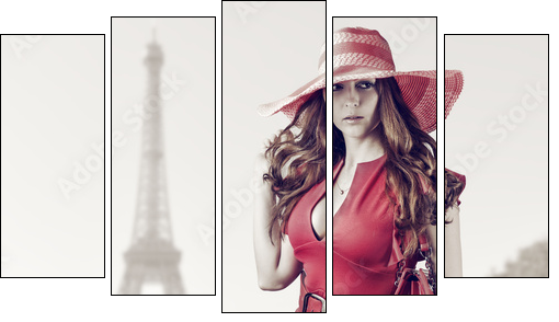 Young beautiful woman in Paris, France - Fünfteiliges Leinwandbild, Pentaptychon