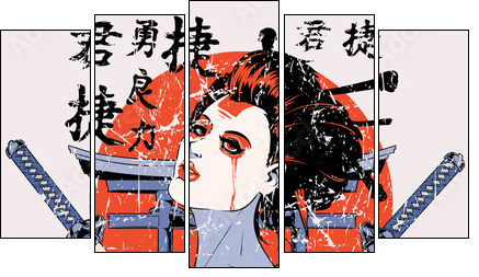 Geisha - Fünfteiliges Leinwandbild, Pentaptychon