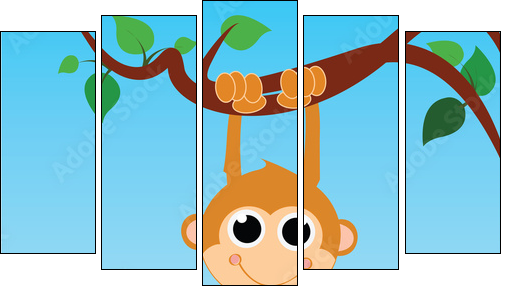 monkey hanging from a tree on abstract sky background - Fünfteiliges Leinwandbild, Pentaptychon