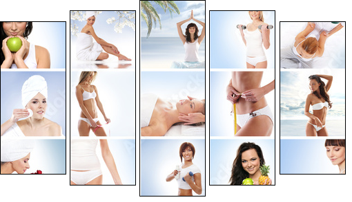 A collage of young women relaxing on spa procedures - Fünfteiliges Leinwandbild, Pentaptychon