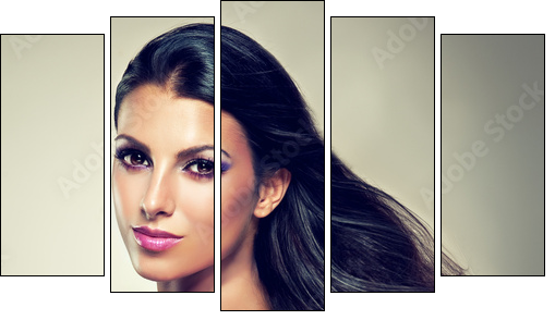 Beautiful brunette with long hair flying - Fünfteiliges Leinwandbild, Pentaptychon