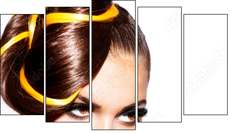 Fashion Model Girl Portrait with Yellow and Orange Makeup - Fünfteiliges Leinwandbild, Pentaptychon