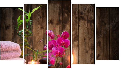 massage - bamboo - orchid, towels, candles stones - Fünfteiliges Leinwandbild, Pentaptychon