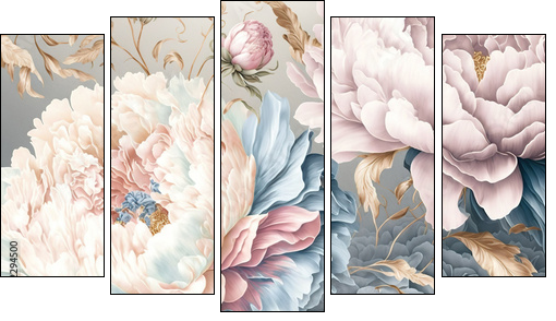 Beautiful peonies, abstract floral design in pastel colors for prints, postcards or wallpaper - Fünfteiliges Leinwandbild, Pentaptychon