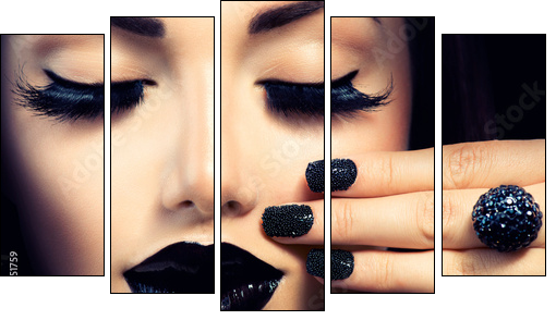 Beauty Fashion Girl with Trendy Caviar Black Manicure and Makeup - Fünfteiliges Leinwandbild, Pentaptychon