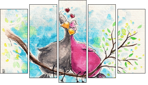 Birds in love - Fünfteiliges Leinwandbild, Pentaptychon