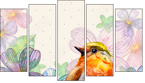 Floral retro card watercolor - Fünfteiliges Leinwandbild, Pentaptychon