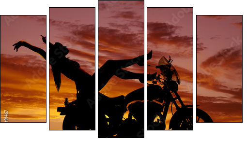 silhouette woman motorcycle heels up hands back - Fünfteiliges Leinwandbild, Pentaptychon