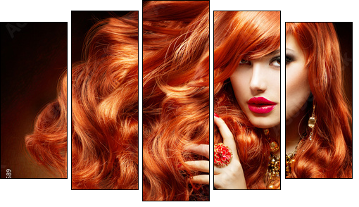 Long Curly Red Hair. Fashion Woman Portrait - Fünfteiliges Leinwandbild, Pentaptychon