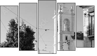 Lisbon old yellow tram over black and white background - Fünfteiliges Leinwandbild, Pentaptychon