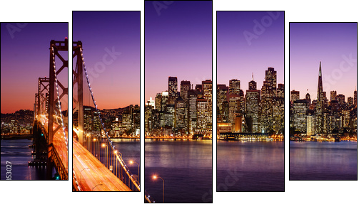 San Francisco skyline and Bay Bridge at sunset, California - Fünfteiliges Leinwandbild, Pentaptychon