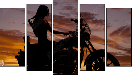 Silhouette of woman sitting on motorcycle - Fünfteiliges Leinwandbild, Pentaptychon