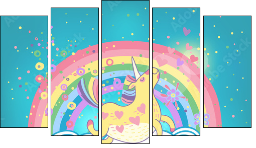 Unicorn rainbow in the clouds - Fünfteiliges Leinwandbild, Pentaptychon