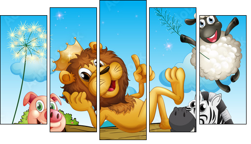 A king lion surrounded with animals - Fünfteiliges Leinwandbild, Pentaptychon