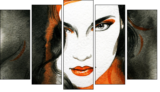 Beautiful woman.  Hand painted fashion illustration - Fünfteiliges Leinwandbild, Pentaptychon