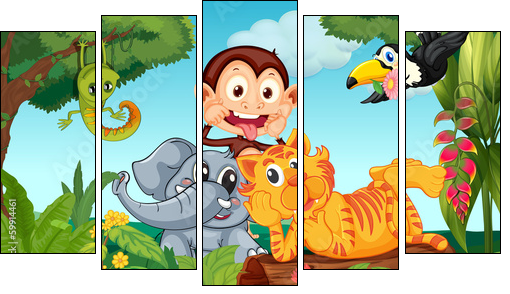 Five animals at the forest - Fünfteiliges Leinwandbild, Pentaptychon