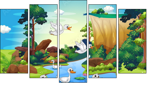 A group of ducks at the river in the forest - Fünfteiliges Leinwandbild, Pentaptychon