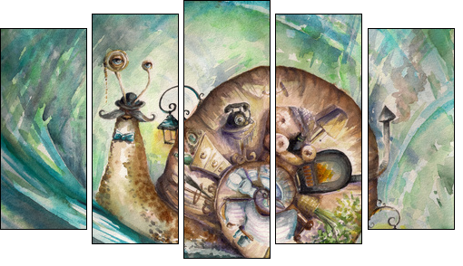 Snail with his house.Picture created with watercolors. - Fünfteiliges Leinwandbild, Pentaptychon