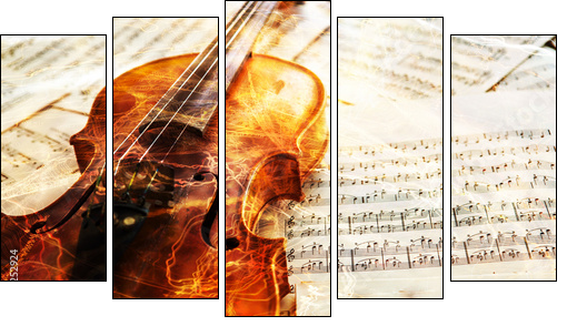 Old violin lying on the sheet of music - Fünfteiliges Leinwandbild, Pentaptychon