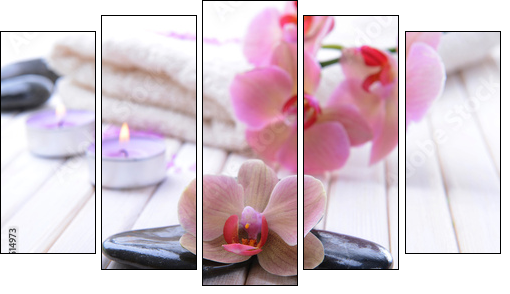 Still life with beautiful blooming orchid flower, towel and spa - Fünfteiliges Leinwandbild, Pentaptychon