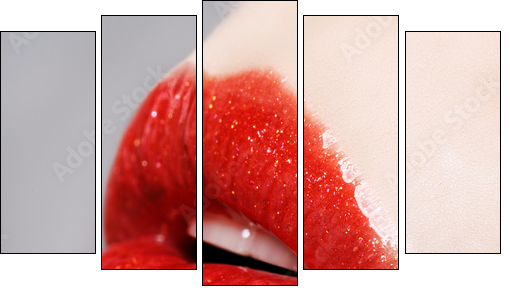Beautiful female with red shiny lips close up - Fünfteiliges Leinwandbild, Pentaptychon