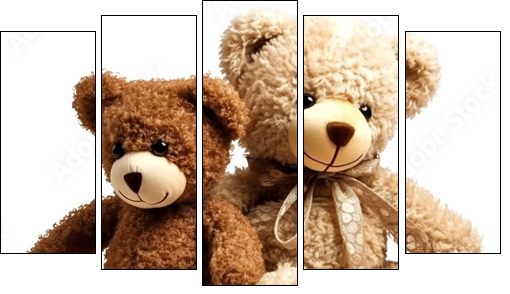 Two teddy bears together. Kids toys. Isolated on a transparent background. KI. - Fünfteiliges Leinwandbild, Pentaptychon