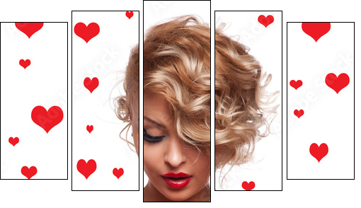 Beautiful woman with glamour bright makeup and red hear - Fünfteiliges Leinwandbild, Pentaptychon
