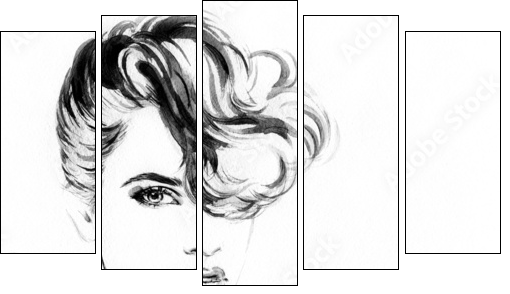 Beautiful woman face. watercolor illustration - Fünfteiliges Leinwandbild, Pentaptychon