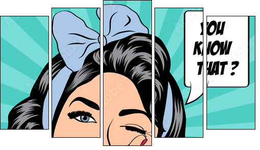 cute retro woman in comics style - Fünfteiliges Leinwandbild, Pentaptychon