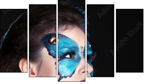 Face art portrait. Fashion Make up. Butterfly makeup on face bea - Fünfteiliges Leinwandbild, Pentaptychon
