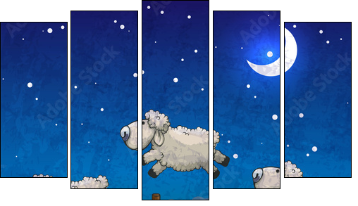 Three sheep  jumping over the fence. Count them to sleep. - Fünfteiliges Leinwandbild, Pentaptychon