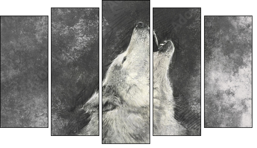 Wolf, handmade illustration on grey background - Fünfteiliges Leinwandbild, Pentaptychon