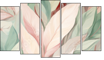 Green And Pink Leaves Background. Oil Painting Floral Wallpaper. Generative AI. - Fünfteiliges Leinwandbild, Pentaptychon