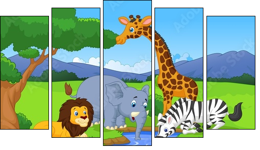 Savannah scenery with animals and waterhole - Fünfteiliges Leinwandbild, Pentaptychon
