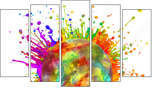 Colored paint splashes in round shape - Fünfteiliges Leinwandbild, Pentaptychon