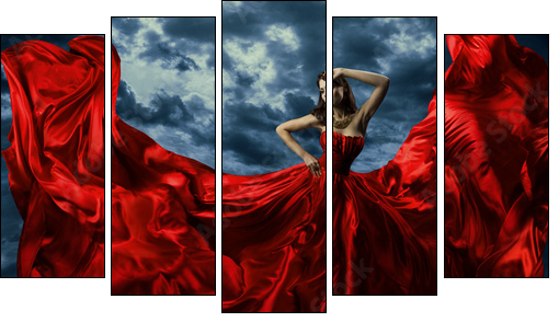 Woman in red evening dress, waving gown with flying long fabric - Fünfteiliges Leinwandbild, Pentaptychon