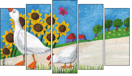Goose with hen on village way - Fünfteiliges Leinwandbild, Pentaptychon