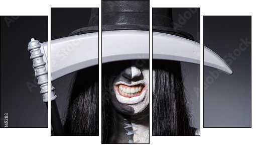 Woman in halloween concept with scythe - Fünfteiliges Leinwandbild, Pentaptychon
